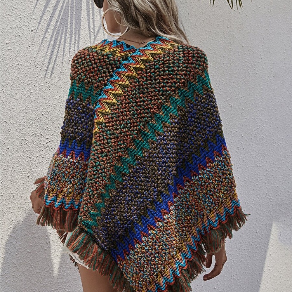 Fringe Hem multi color Sweater Poncho - TAN - Picture 11 of 12